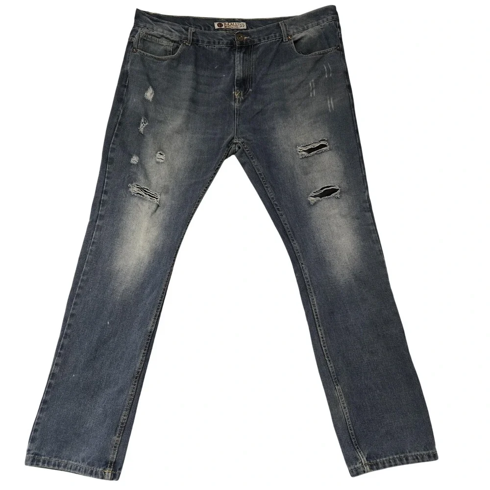 Kaalu Jeans Mens 42x32‎ Blue Distressed Denim Straight Leg Ripped Trendy Pants